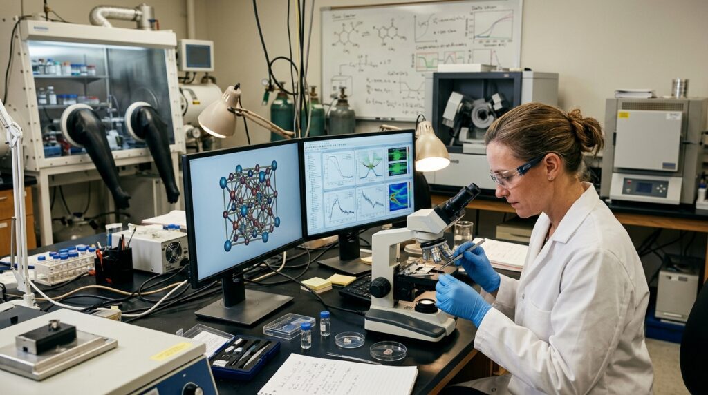 Scientists validating AI materials science predictions through computational analysis and laboratory testing