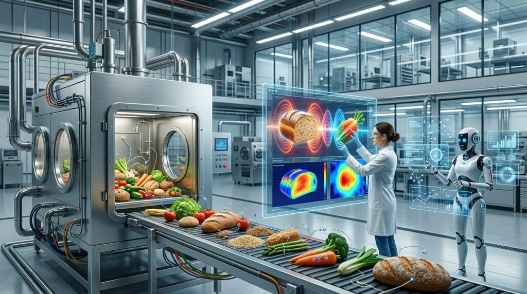 Food engineer studying electromagnetic heating and food properties in a modern laboratory