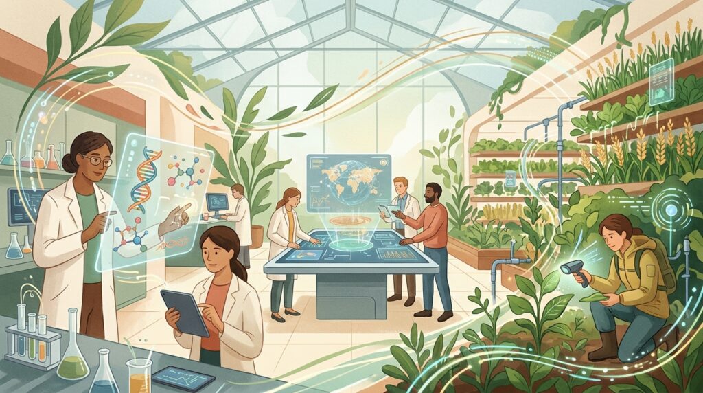 Illustration of AI supporting medical research and agricultural innovation