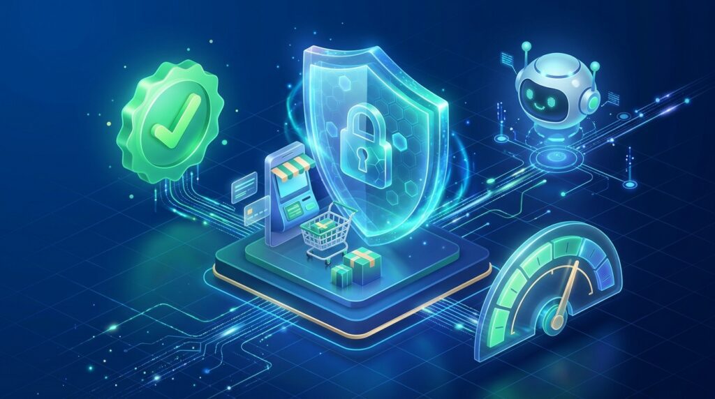 Illustration of security controls protecting AI-assisted online purchases