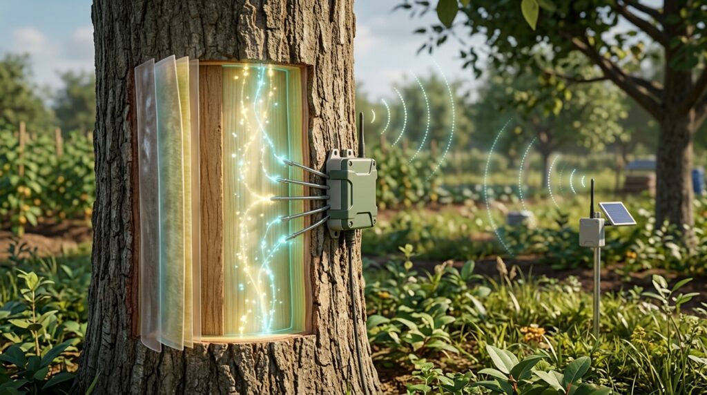 Sensors connected to a tree stem collect plant electrical signals for an AI model