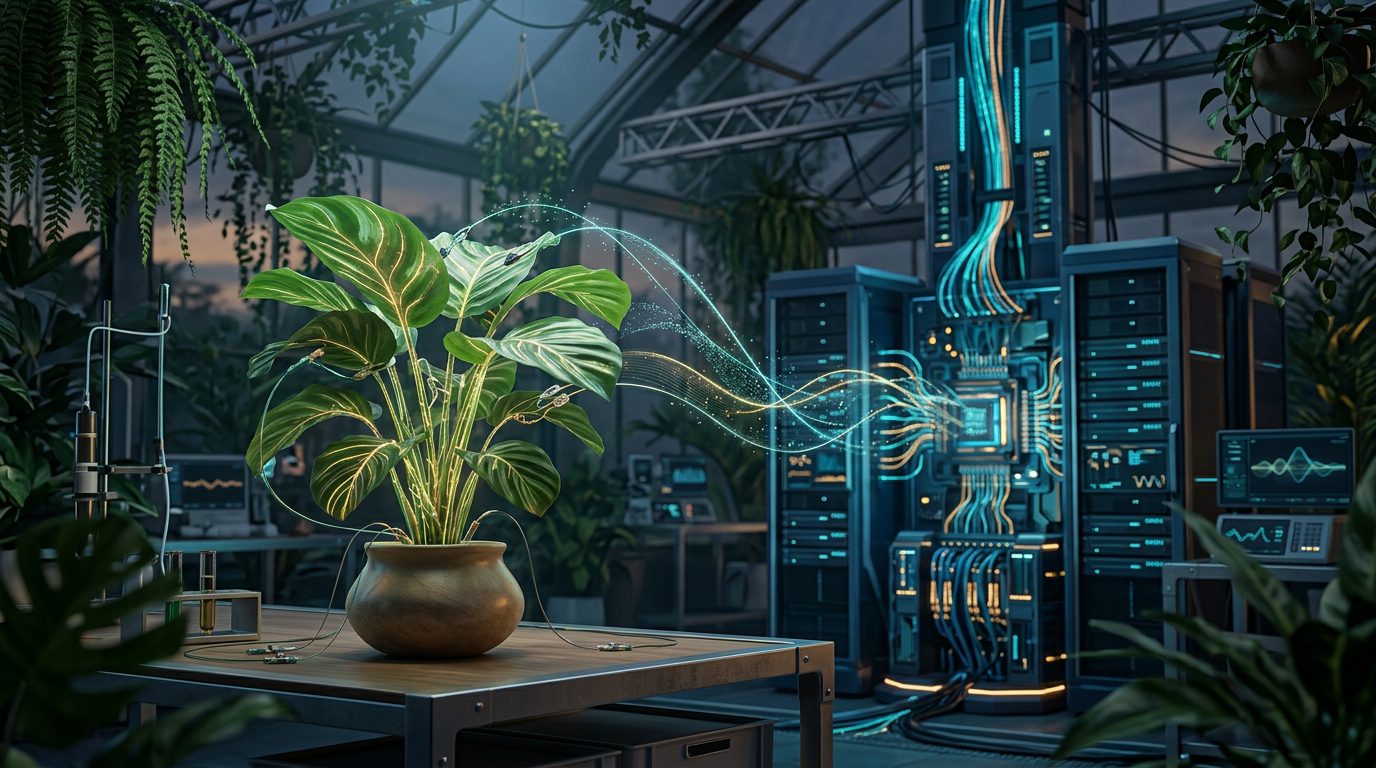 AI model interpreting electrical signals from a living plant through connected sensors