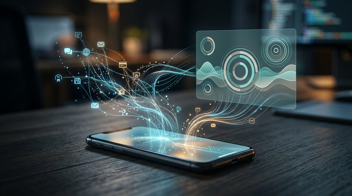 Smartphone connected to an AI system analysing messaging and payment habits to estimate daily stress.