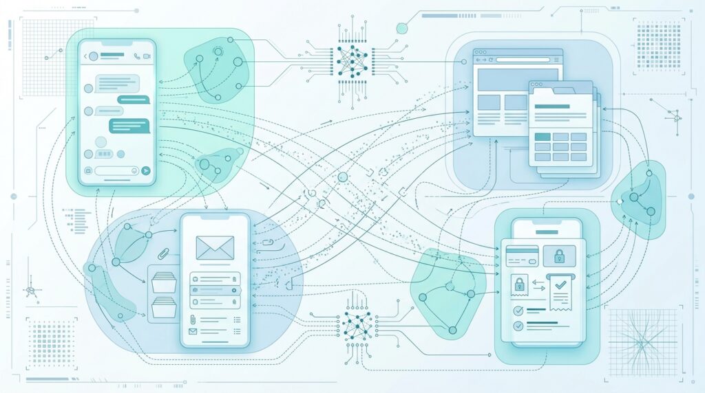 AI grouping smartphone screen transitions into recurring activities such as chatting, browsing and payments.