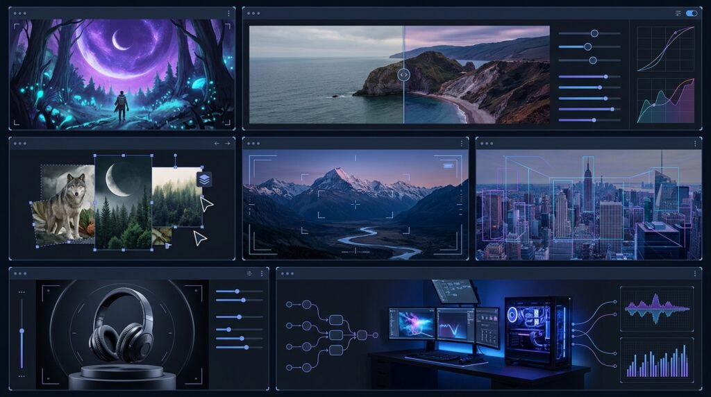Image generation, reference-based editing, layout controls and high-resolution artwork displayed together.