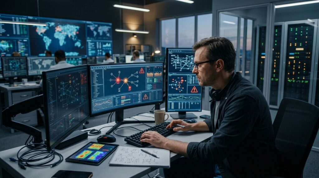 IT specialist investigating a complex network problem while monitoring an AI-assisted system.