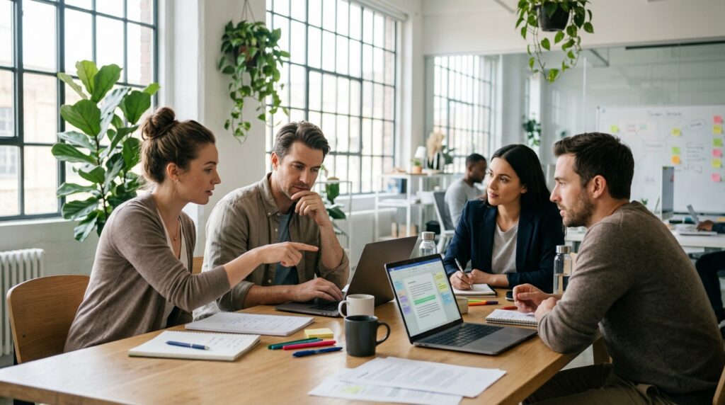 Small team collaborating on a straightforward technical guide