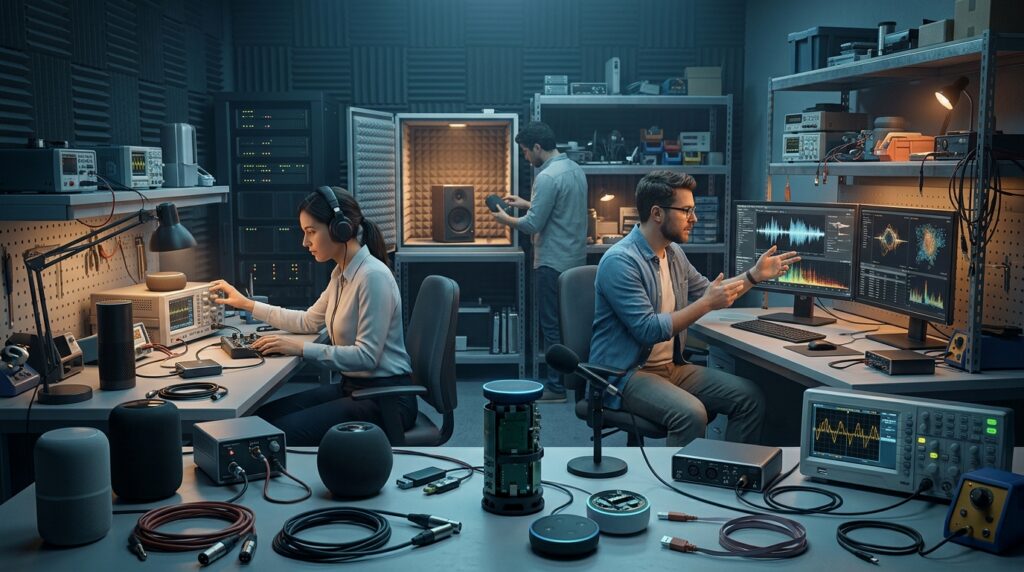 Researchers testing smart speakers and AI model variants in a laboratory
