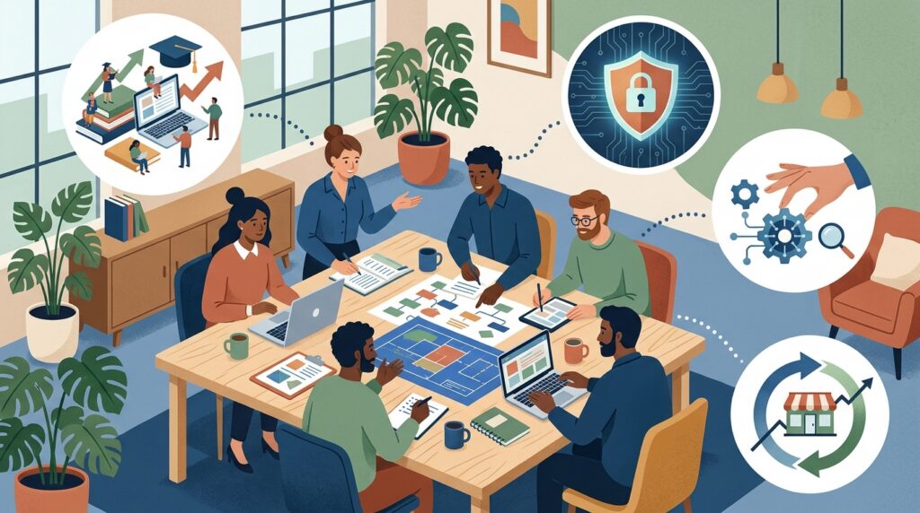 Illustration of a business team planning AI adoption, training and risk management