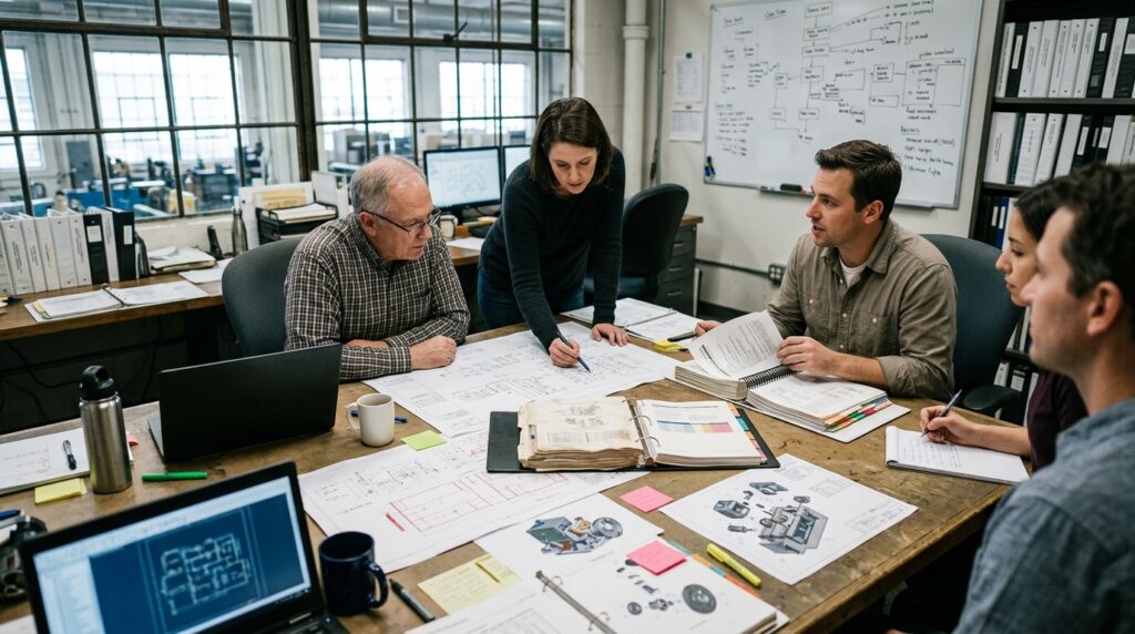 Documentation team reviewing related industrial product manuals and engineering drawings