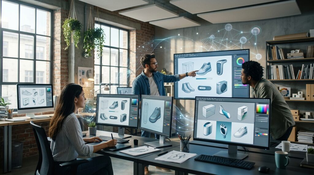 Creative team reviewing AI-generated visuals for a commercial design project.