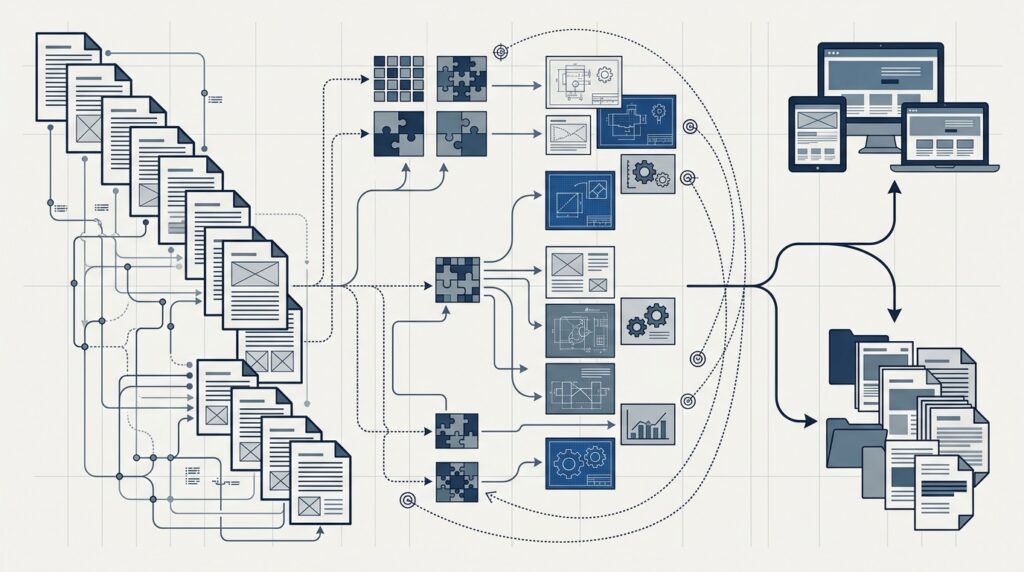 Technical manual represented by chapters, reusable content, cross-references, and multiple outputs