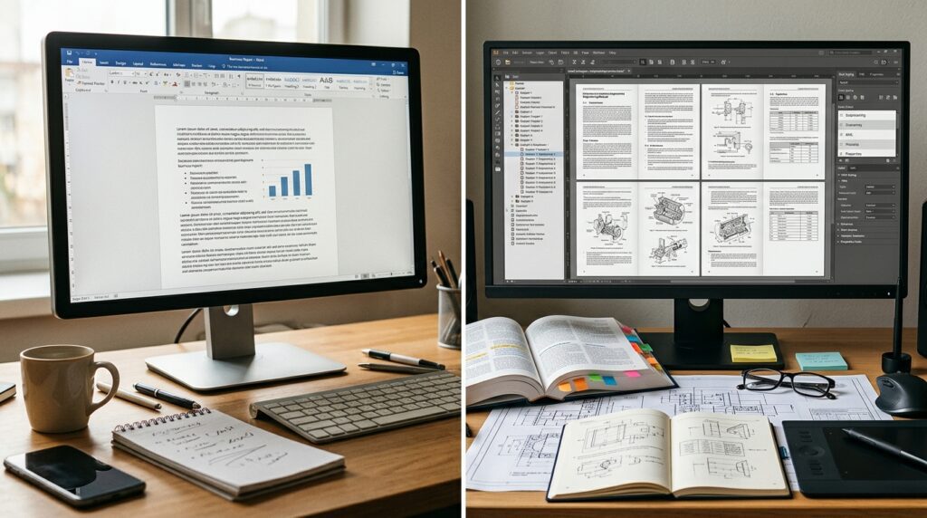 Comparison of everyday word processing and technical publishing workspaces