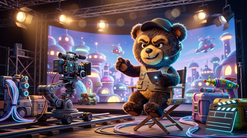 Original 3D teddy bear character on a futuristic comedy film set