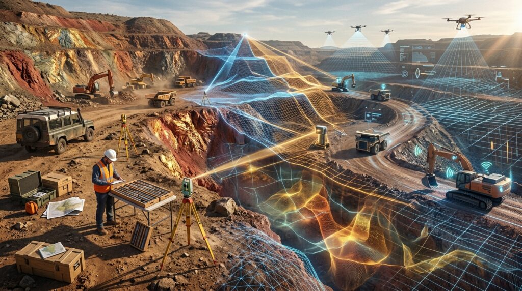 Traditional mineral exploration site with digital geological mapping and AI mining technology