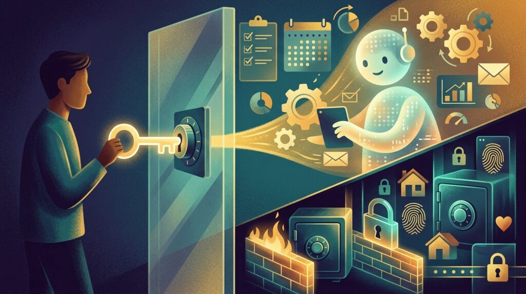 AI agents privacy concerns represented by a user controlling an assistant’s limited access to personal information