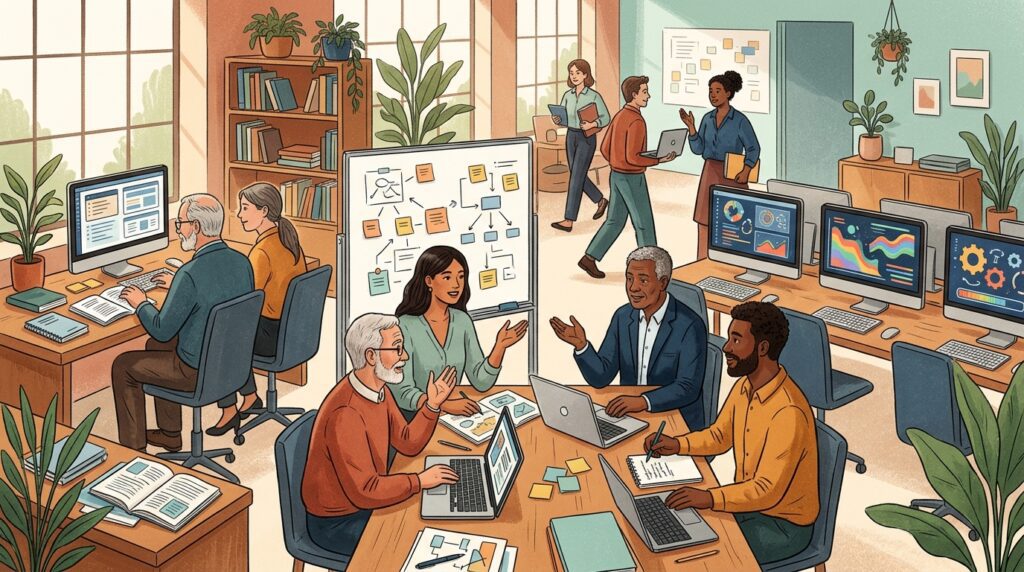 Illustration of workers adapting as AI automates office tasks