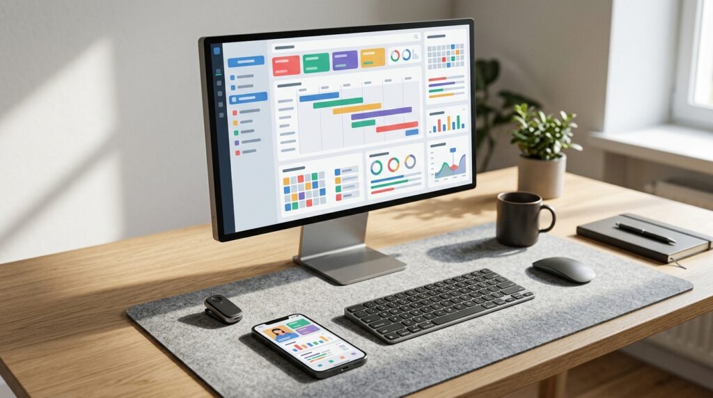 A phone and computer displaying abstract meeting summaries, reminders and calendar tasks beside an AI recording device.