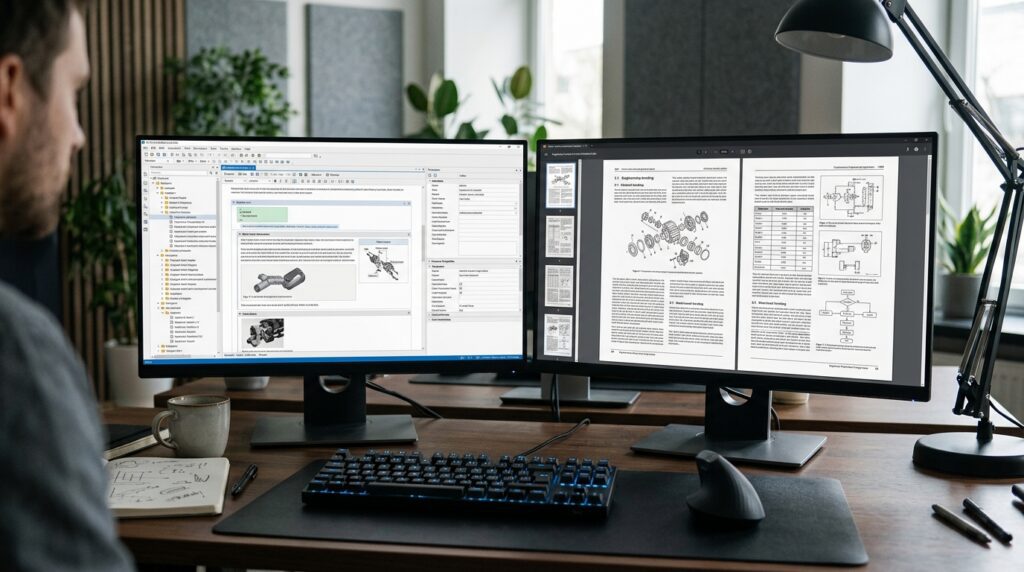 Technical publishing workspace with a structured manual and engineering illustrations