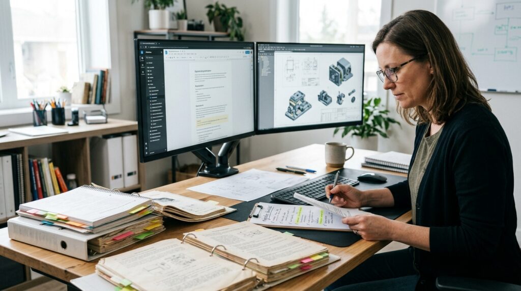 Technical writer preparing existing manuals for a new publishing system
