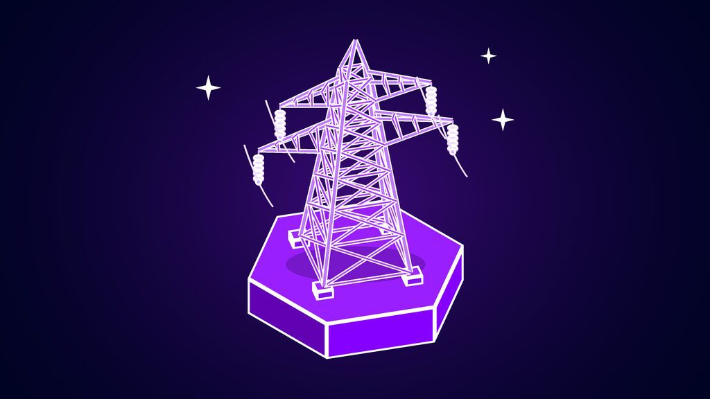 AI cyber threat shown as a lattice steel electricity transmission tower with hanging insulators