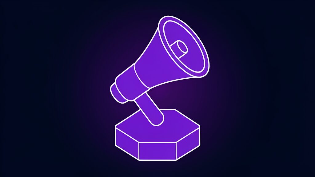 Violet megaphone tilted at the sky, standing for AI executives broadcasting to an empty room