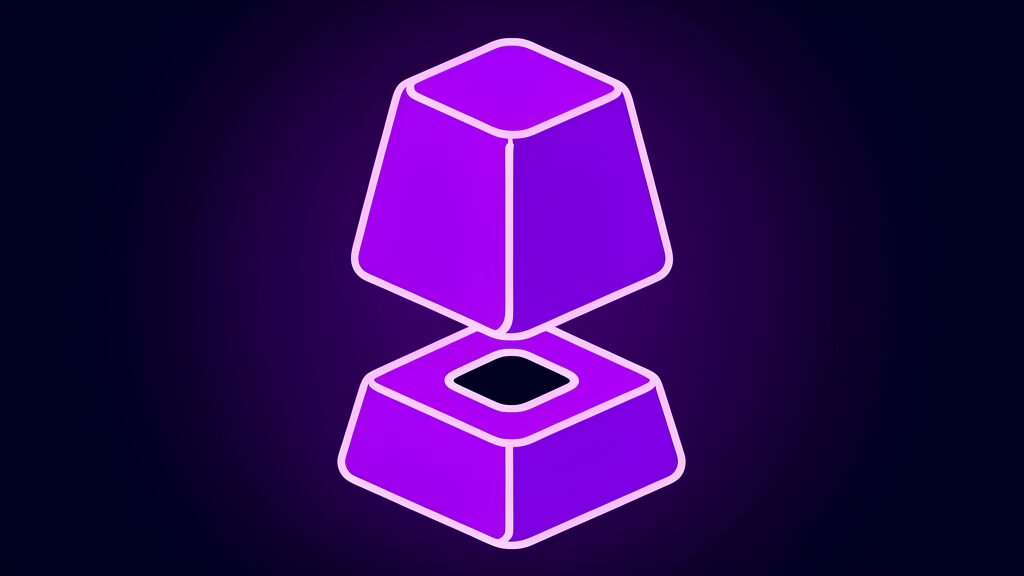 Violet keycap floating away from its socket, standing for AI features people never asked for