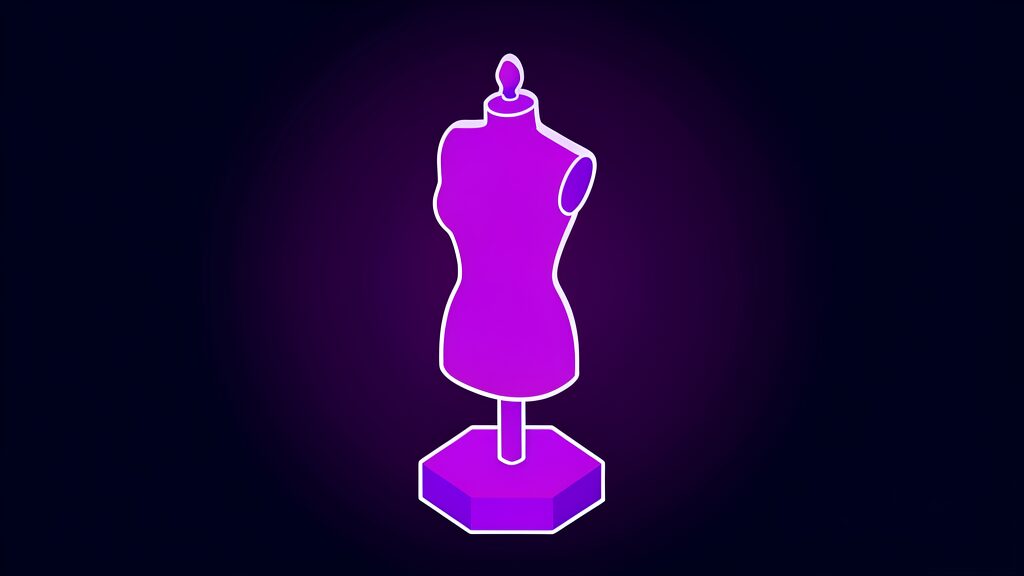 Tailor's dress form in violet, standing for AI products cut to fit only their builders