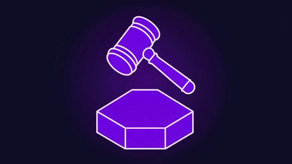 AI judge concept shown as a single violet gavel resting on its sound block