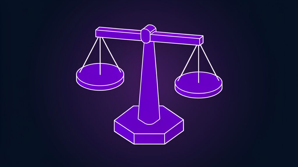 Pair of balance scales, standing for the senior civil judge weighing the case for AI judges