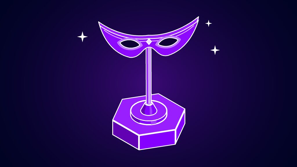 AI-powered scams shown as a masquerade eye mask held up on a tall stand, standing for impersonation
