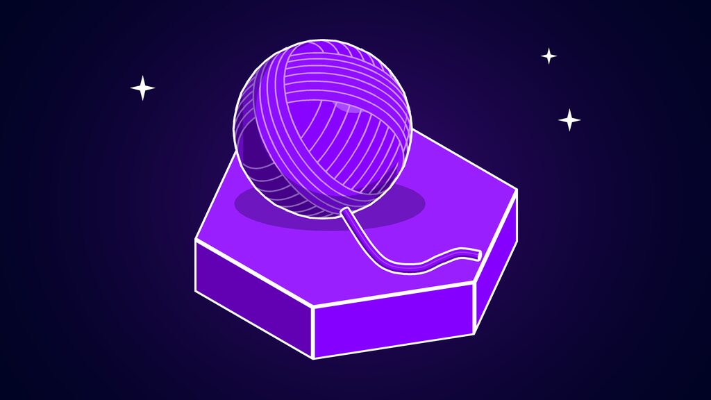 Ball of yarn with a loose strand trailing across a violet plinth, standing for the wiring between neurons