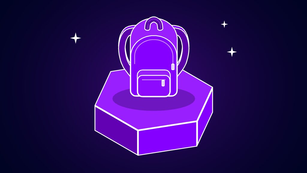 AI Quests in the classroom shown as an upright school backpack with a front pocket and two shoulder straps