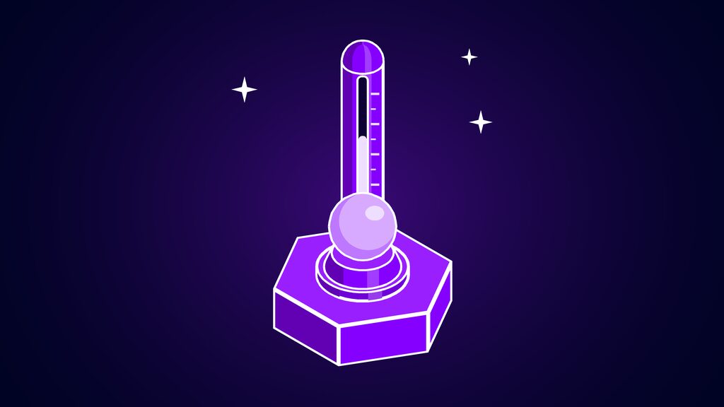 Tall bulb thermometer on a small base with the column partly filled, standing for rising temperatures