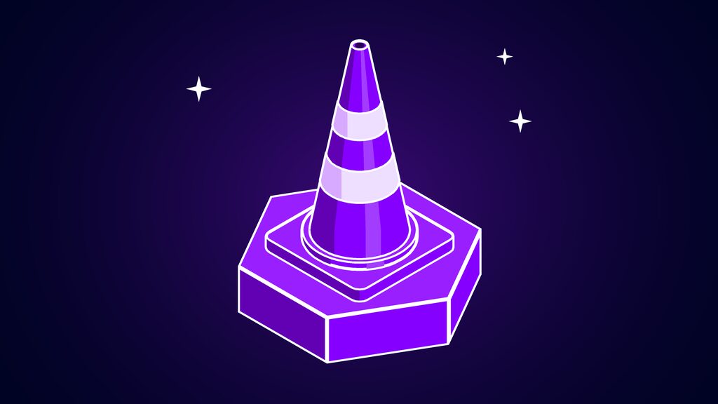Traffic cone with two reflective bands on a square base, standing for paused data center permits