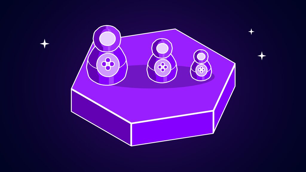 Anthropic S-1 closing the loop shown as three Russian nesting dolls in a row on a violet hexagonal plinth