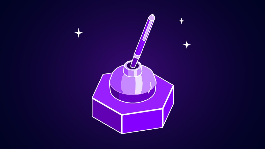Creator Studio assistant in Pages shown as a round inkwell with a fountain pen standing in it