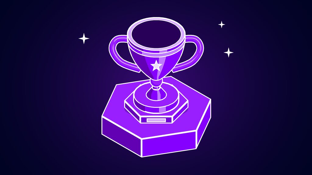 Best AI agent shown as a two-handled trophy cup on a stepped base