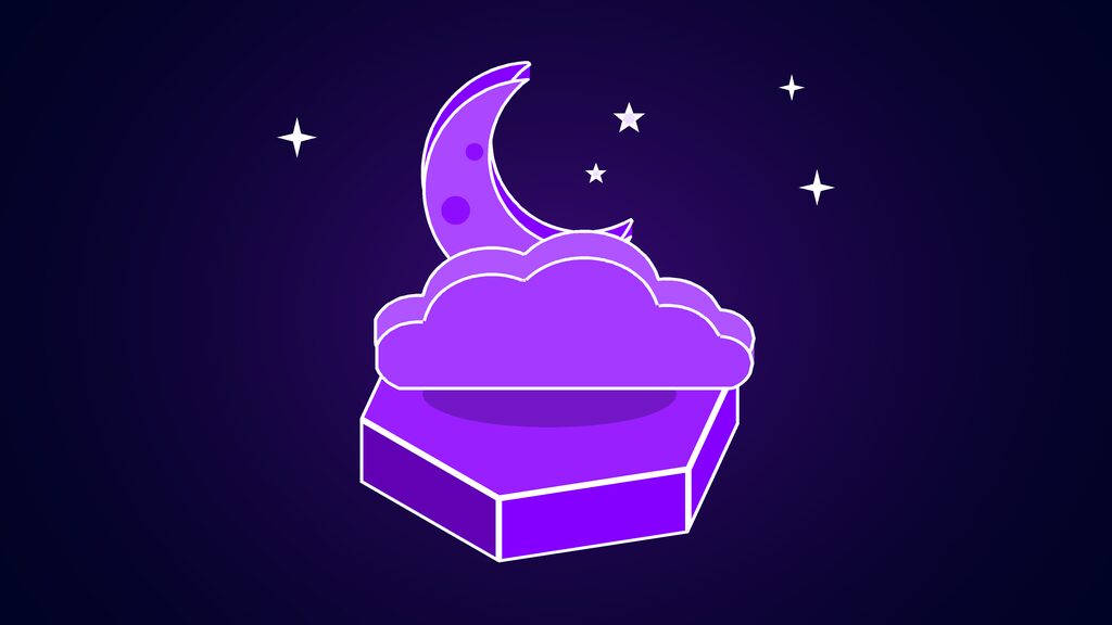 Crescent moon resting on a puffy cloud, standing for the late-night insomnia test