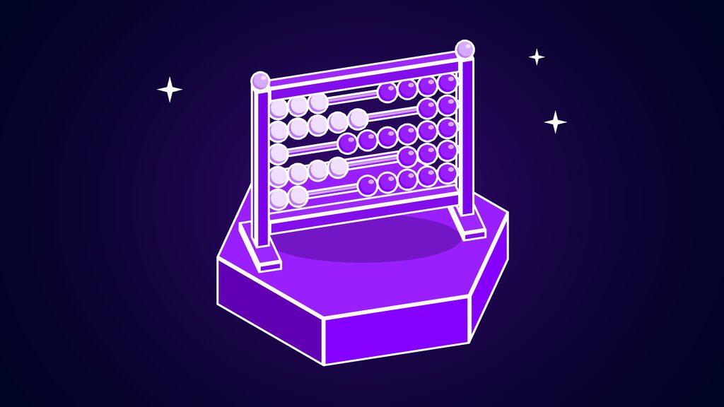 Framed abacus with rows of round beads, standing for the added-up agent scores