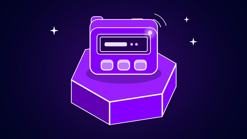 Pager with a small screen standing upright, standing for proactive alerts from an AI assistant