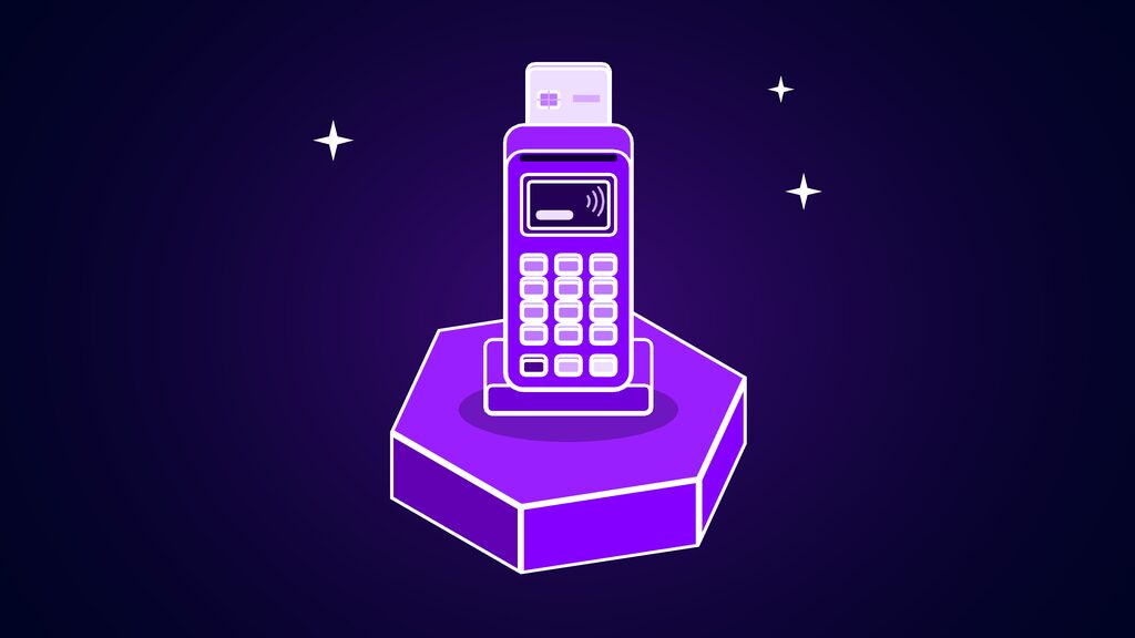 Handheld card payment terminal with a keypad and a card half inserted, standing for AI payments