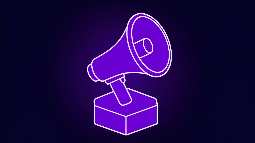 Violet megaphone horn on a dark navy background, metaphor for real-time voice AI agents