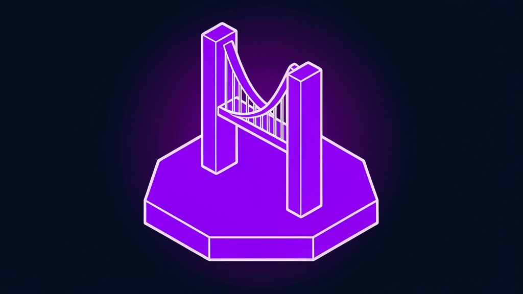 Violet suspension bridge joining two towers, metaphor for the Deepgram and Daily deal