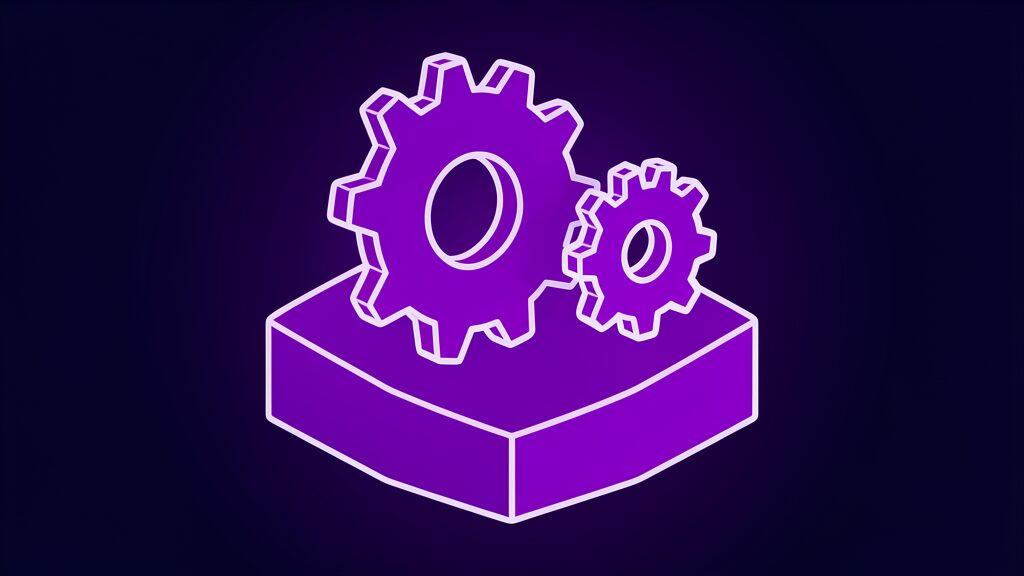Two violet meshing gears, metaphor for the Deepgram and Pipecat engineering teams joining forces