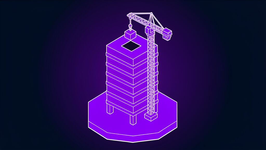 A violet isometric illustration of a tower and crane symbolising AI world models for construction