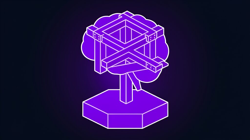 A violet brain assembled from steel I-beams, the structural cognition idea behind Dream AI world models