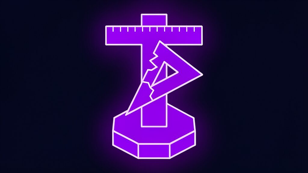 A cracked violet T-square and drafting triangle symbolising outdated legacy software that AI world models aim to replace