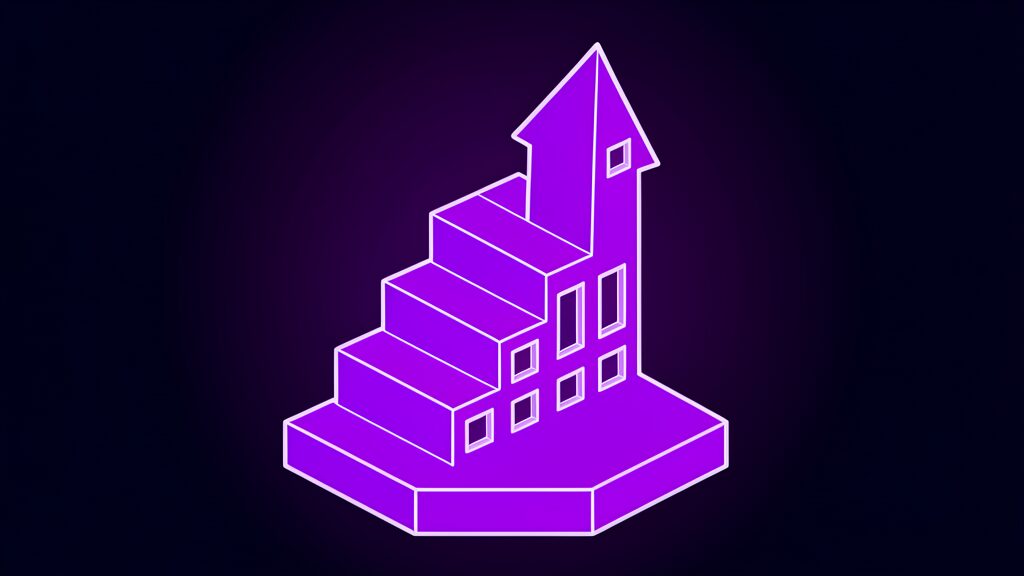 Violet stepped building floors forming a rising arrow, the growth outlook for AI world models in construction