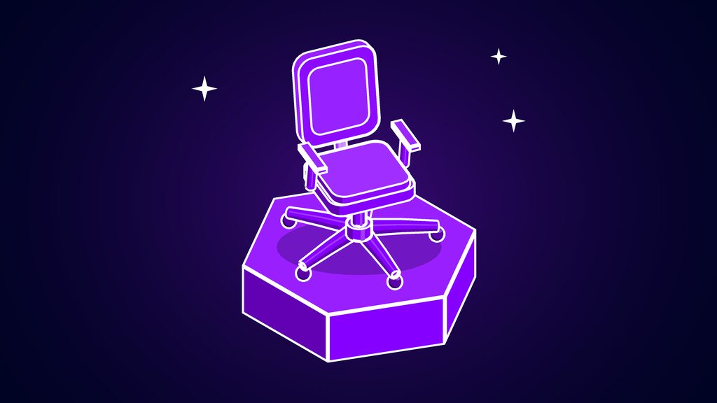Dutch government job cuts shown as an empty office swivel chair on a violet hexagonal plinth